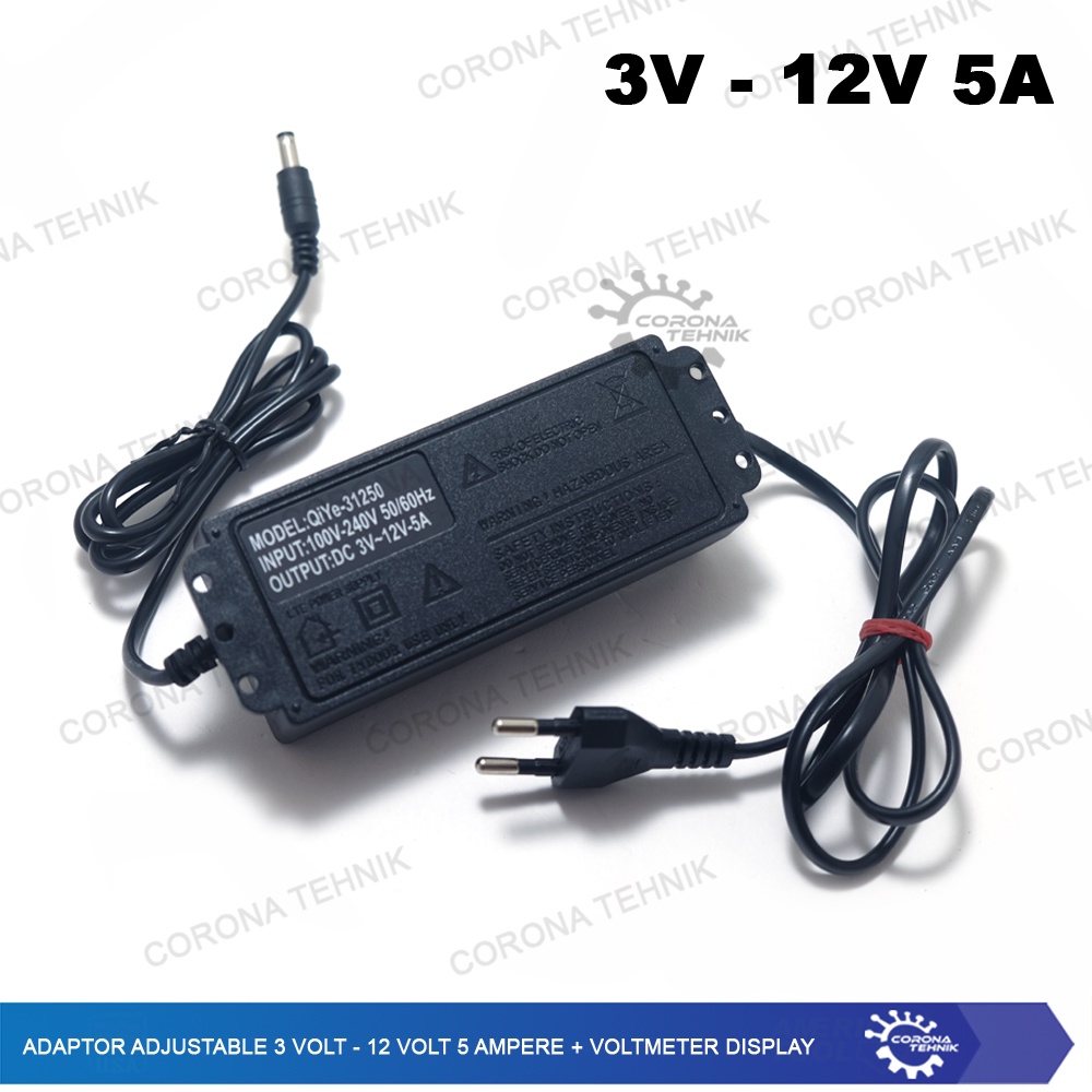 3 Volt - 12 Volt 5 Ampere + Voltmeter Display Adaptor Adjustable