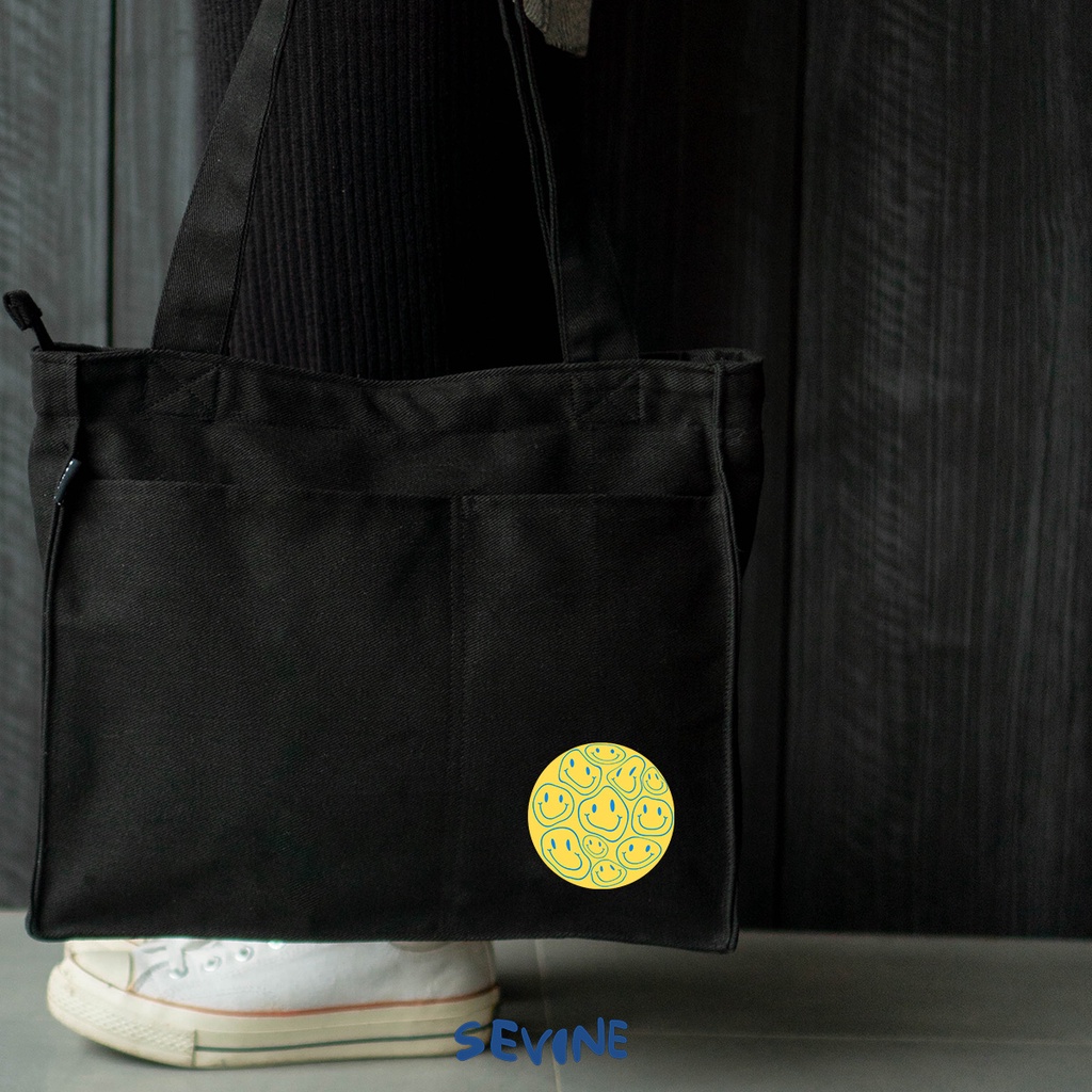 Sevine Totebag Kanvas Rebecca Tas Wanita Tote Bag Kuliah Sekolah Sekat Resleting Hitam Elegan Aesthetic - WB