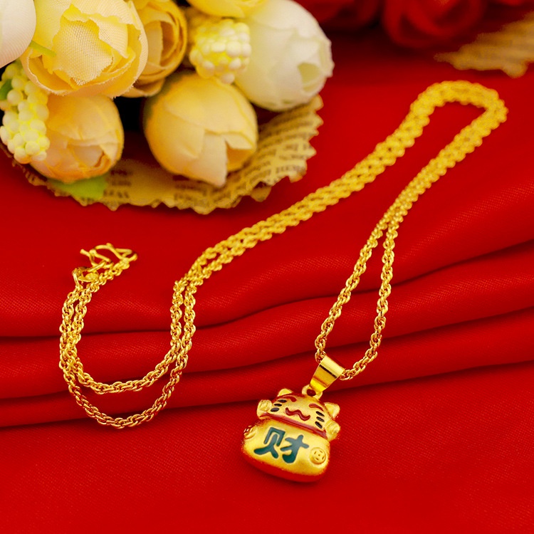 Goldkingdom Perhiasan Fashion Emas Asli Kadar 375Bangkok Aksesoris Ready Stock Drop Lem Kt Catwoman Gaya Berlapis Emas Padat Rejeki Kucing Liontin Kartun Kalung