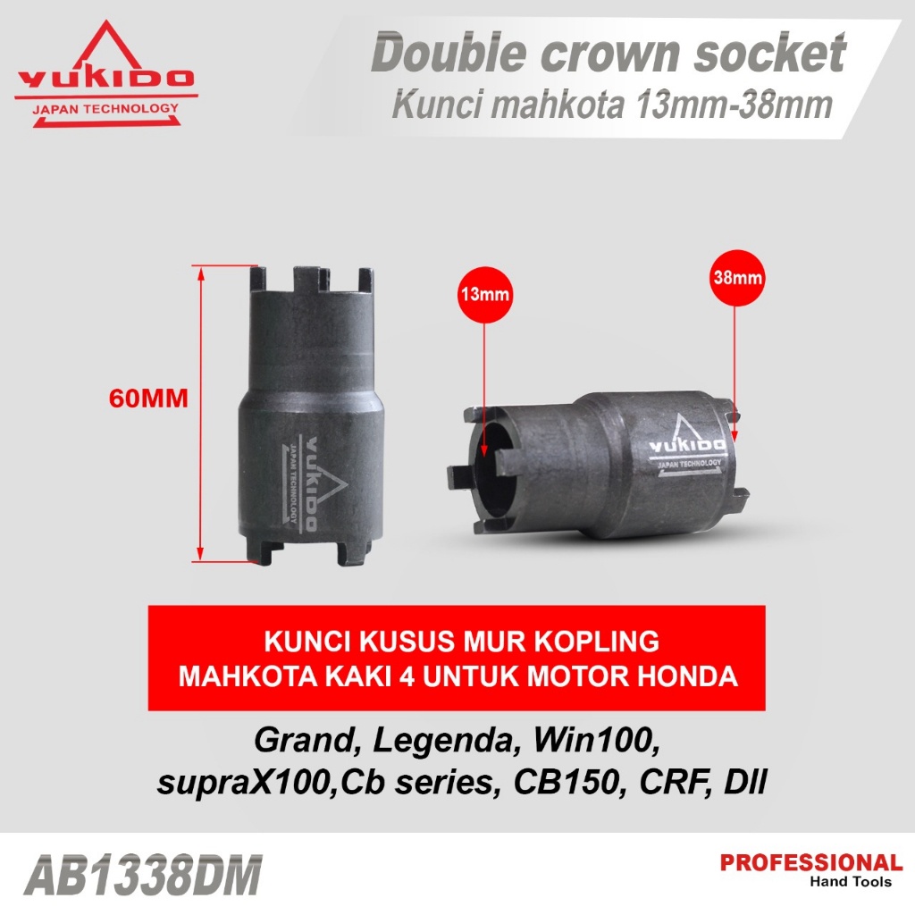Yukido Kunci Mahkota Kaki 4 Khusus HONDA  - Kunci Mur Kopling - Double Crown Socket Ukuran 13mm Dan 38mm Kunci Shock Mahkota
