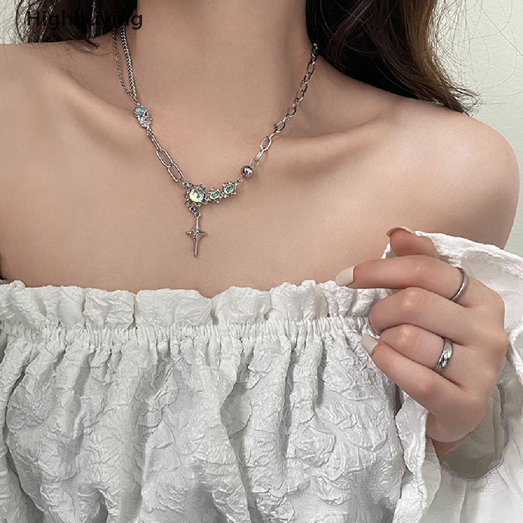 Hbid Kristal Bintang Miscanthus Moonstone Pendant Kalung Untuk Wanita Rantai Klavikula Geometris Tidak Teratur Vintage Cross Choker Perhiasan Aksesoris Glory