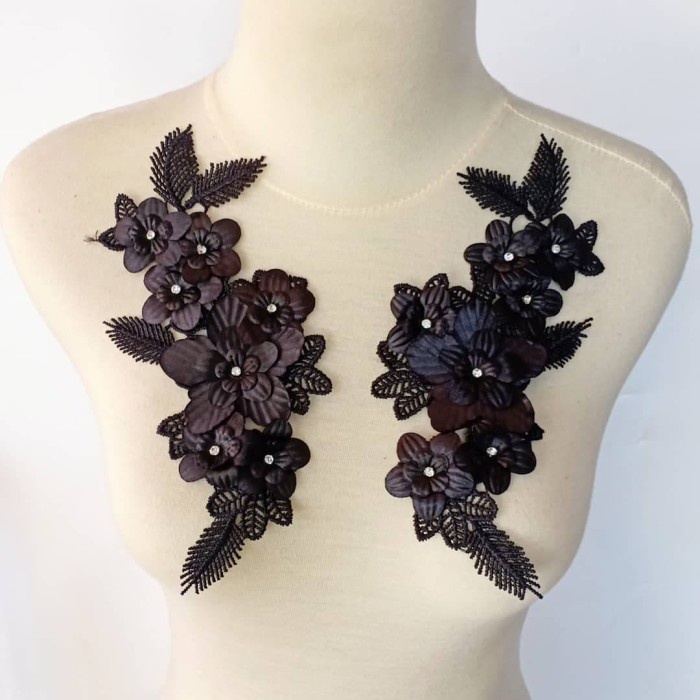 sepasang bordir bunga 3d SB03/bordir tempel/aplikasi bordir - Hitam