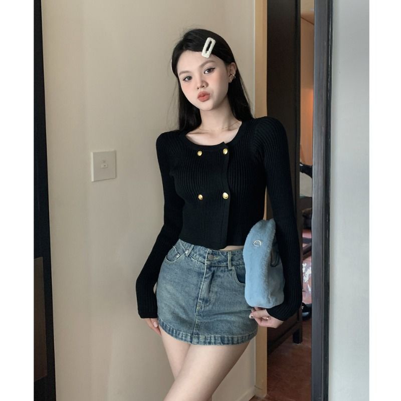 Red Pakaian rajut wanita musim semi dan musim gugur retro wewangian kecil rasa desain temperamen slim slim bagian pendek pengurangan usia atasan gaya asing yang indah