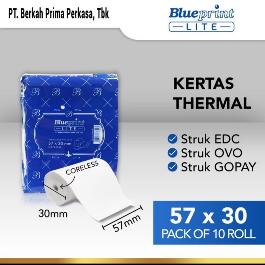 

Kertas Thermal / Kertas Struk / Kertas Kasir Blueprint 57x30mm