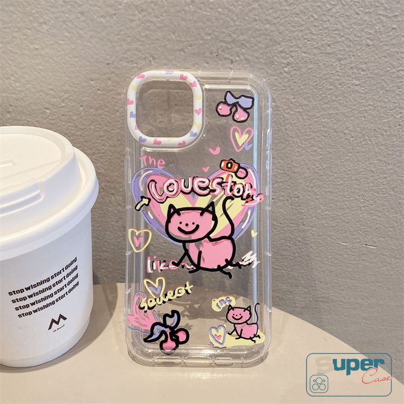 IPHONE Casing Ponsel Kompatibel Untuk Iphone11 7 8 Plus XR X13 12 14 Pro Max 6s 6 Plus XS Max SE 2020 Ins Graffiti Kartun Lucu Cinta Hati Kucing Lembut Silicon TPU Airbag Shockproof Clear Cover