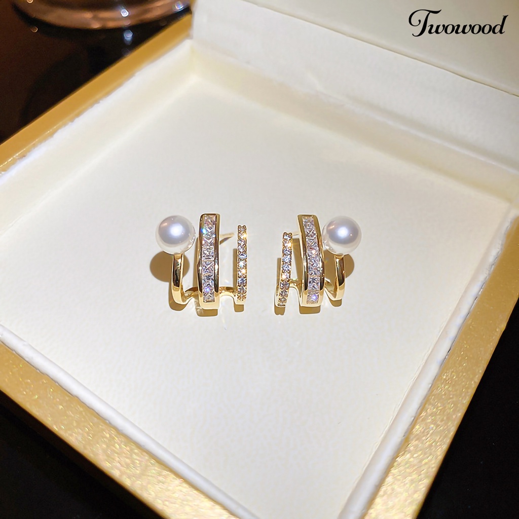 Twowood 1pasang Ear Studs Temperamen Sederhana Mutiara Imitasi Mengkilap Berlian Imitasi Bertatahkan Berdandan Hadiah Yang Indah Wanita Tiga Cakar Baris Stud Anting Perhiasan Pesta Aksesori Fashion