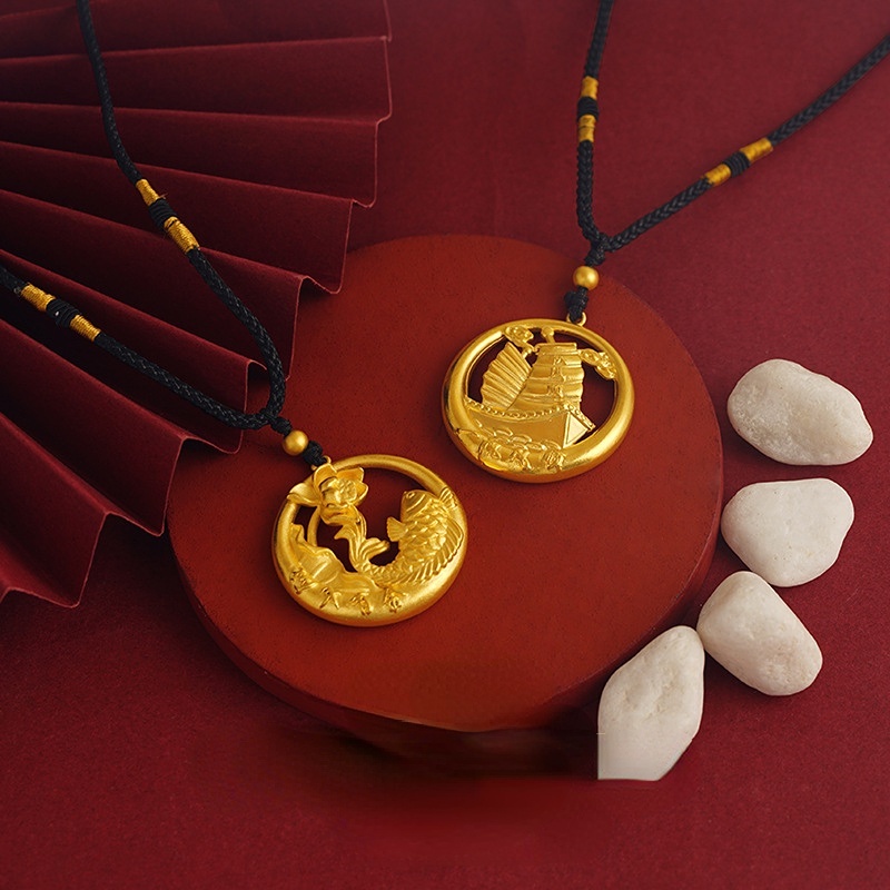 Goldkingdom Perhiasan Fashion Emas Asli Kadar 375Bangkok Aksesoris Ready Stock Dilubangi Emas Bulat Merek Liontin Kalung Fuyu Berlayar Rantai Tali Yang Dapat Disesuaikan