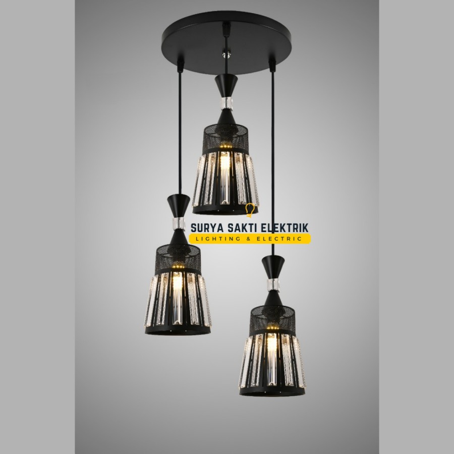 LAMPU GANTUNG MINIMALIS KRISTAL CABANG 3 IN 1 BLACK MODERN