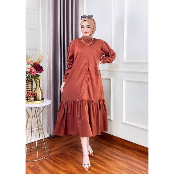ZURA DRESS MIDI TERACOTTA,KAIN KATUN POPLIN PREMIUMM