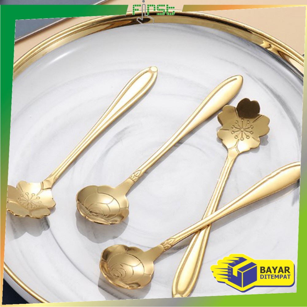 FH-C766 Sendok Korea Teh Kopi Kecil Stainless Steel Motif Love Elegant Warna Gold / Sendok Bunga Emas Spoon Dessert Import