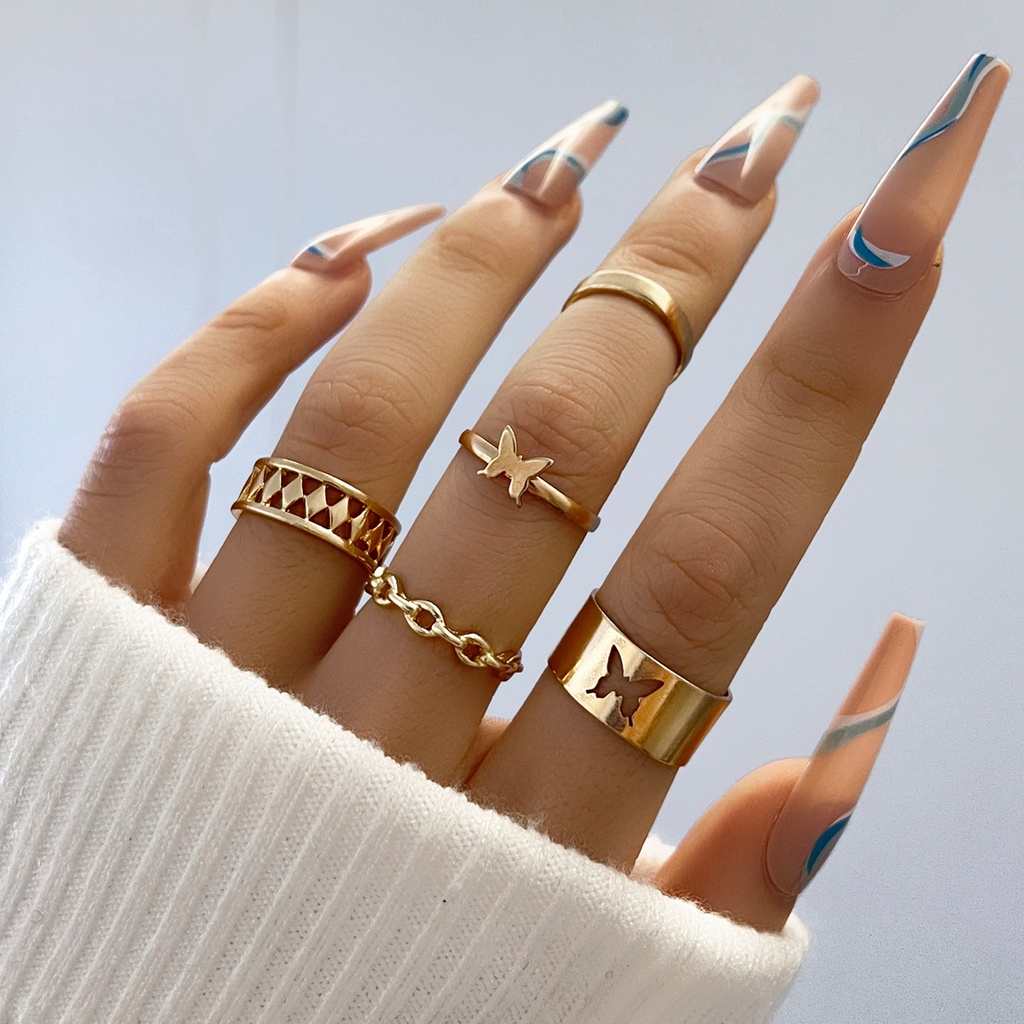 Rantai Retro Canggih, Sederhana Dan Serbaguna Di Korea, Temperamen Kecil, Kepribadian, Berlubang-out Butterfly Ring Set