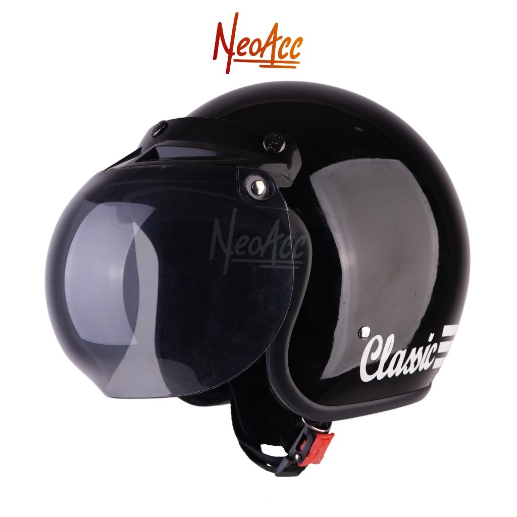 HELM BOGO RETRO DEWASA VINTAGE CLASSIC HALF FACE PRIA WANITA HIJAB HITAM GLOSS KACA CEMBUNG DATAR SN