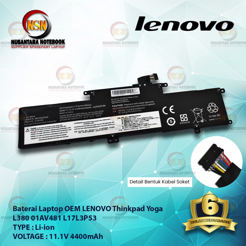 Baterai OEM Laptop For LENOVO Thinkpad Yoga L380 01AV481 11.1V 4400mAh