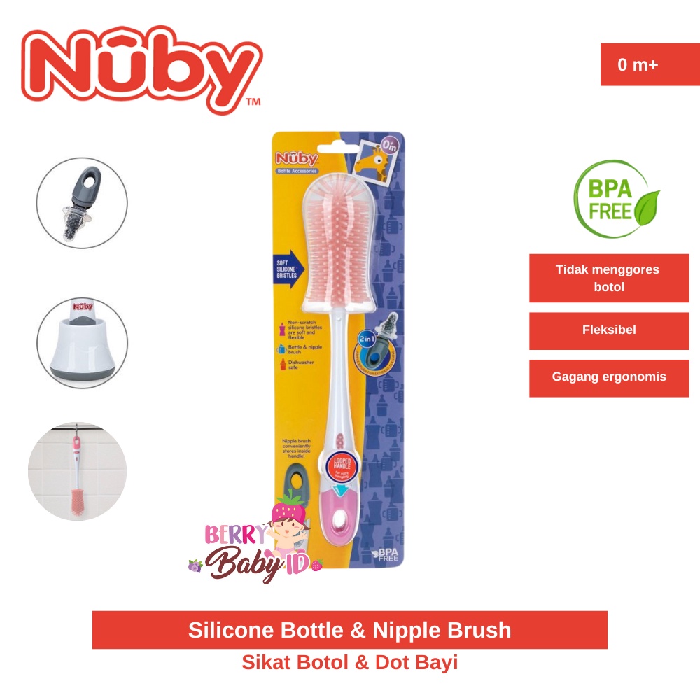 Nuby Silicone Bottle &amp; Nipple Brush Sikat Silikon Botol Dot Bayi Berry Mart
