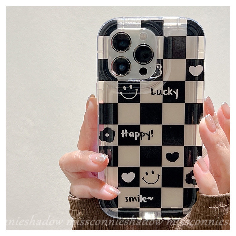 IPHONE Ins Cinta Hati Kotak-Kotak Pasangan Ponsel Case Kompatibel Untuk Iphone11Xr 7Plus 8Plus 11 12 13 14 Pro Max6 6S Plus X XS MAX Happy Lucky Flower Smiley Airbag Shockproof Soft Cover