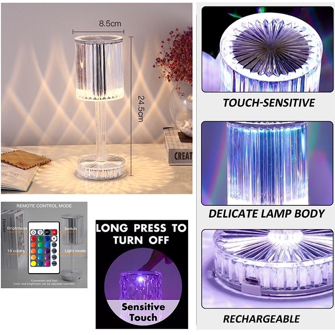 Lampu Meja Crystal Diamond Rose Light Table Lamp 16 Warna RGB Touch Sensor &amp; Remote Control Lampu Hias Meja Kamar Tidur Import