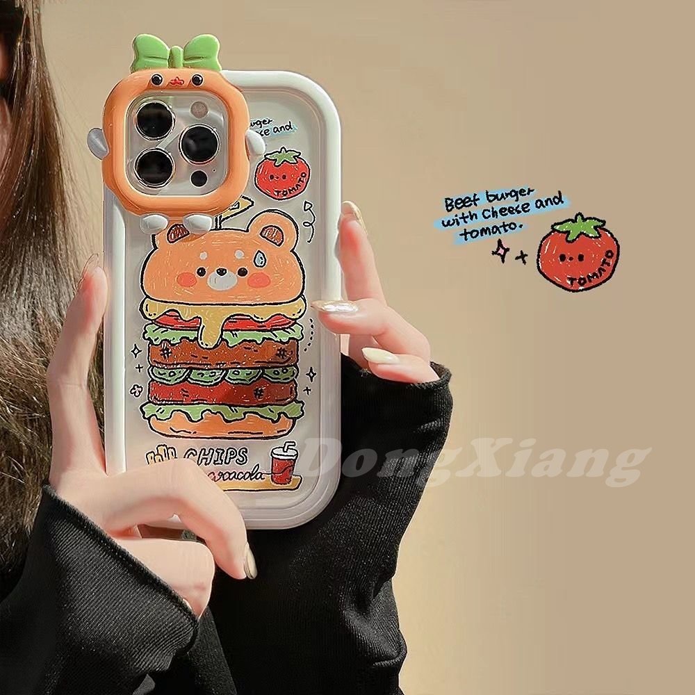 IPHONE Case Fashion Kompatibel Untuk Iphone11 13 12 iPhone6 7 8 Plus 14 Pro MAX 11Pro MAX XR XS MAX SE 2020 Lensa Monster 3D Kreatif Hamburger Pola Beruang Shockproof Phone Cover DGX