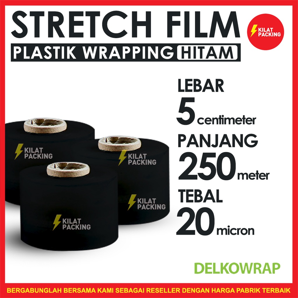 

STRETCH FILM HITAM 5CM X 250M PLASTIK WRAPPING DELKOWRAP PLASTIC WRAP PREMIUM SATUAN