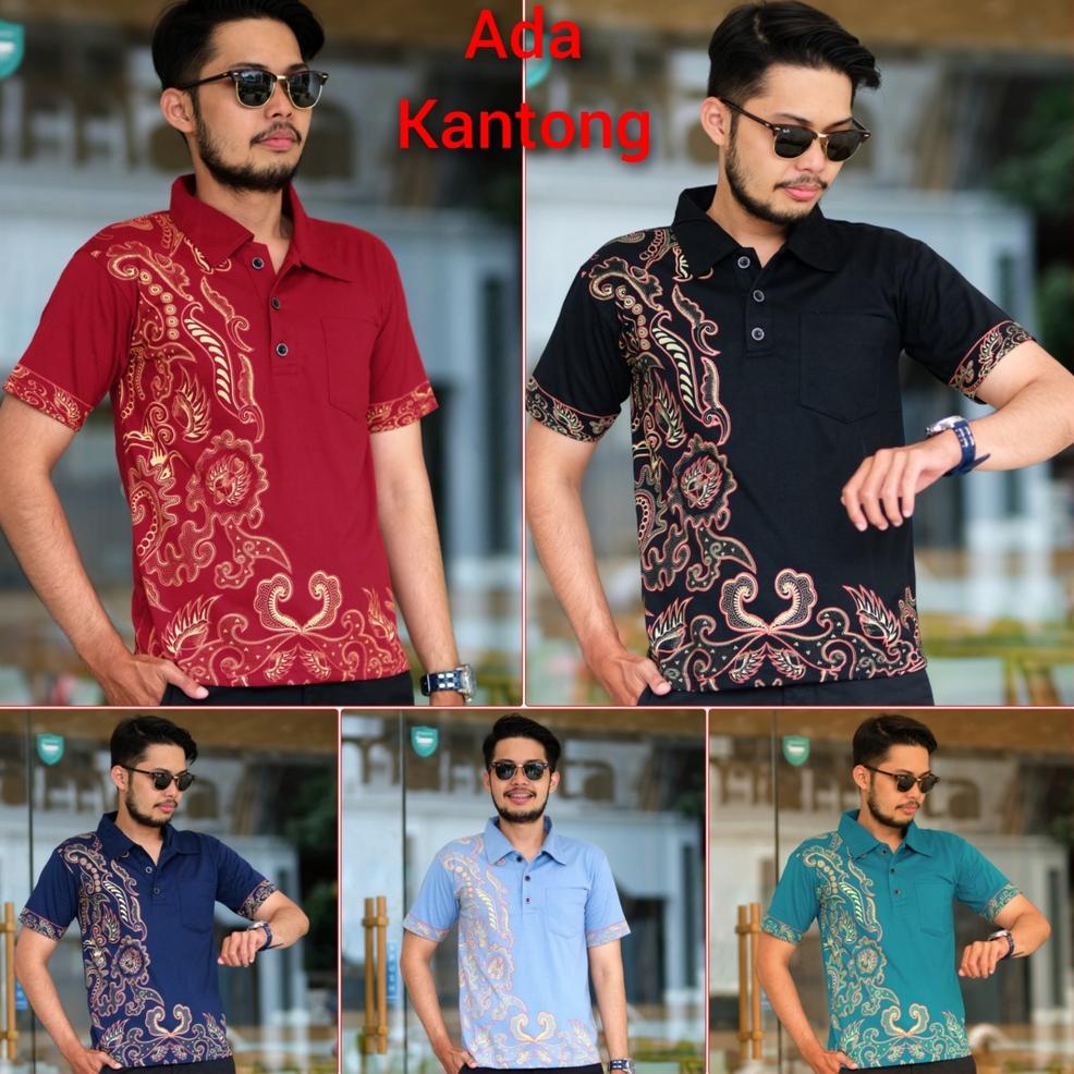 ⇁ RED SKULL Kaos Kerah Polo Katun Batik Daun Solo Ada Kantong ヽ