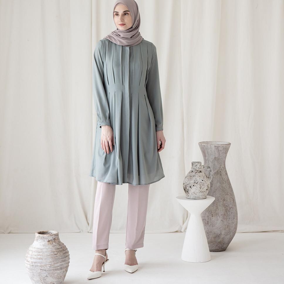 Rekomendasi Danantya by Aska Label - Tunik wanita panjang warna biru dusty, abu gelap, putih lengan 
