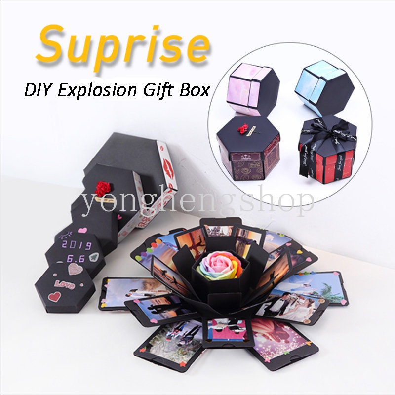 Kreatif Hexagon DIY Surprise Explosion Box Handmade Anniversary Scrapbook Album Foto Pernikahan Ulang Tahun Hadiah Hari Valentine Cinta Memory Box