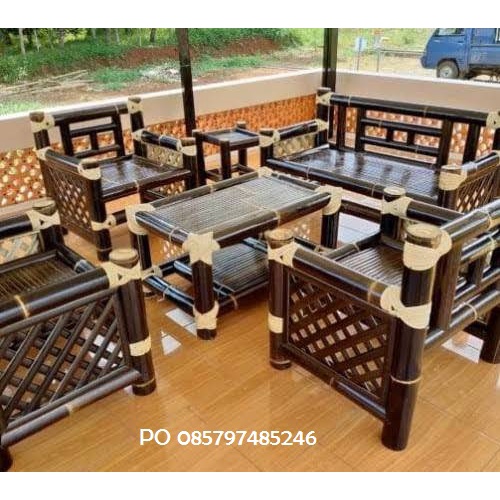 PO GRATIS ONGKIR COD VRINO FURNITURE 4IN1 SET MEJA KURSI TAMU BAMBU HITAM MOTIF ROTAN / MEBEL BAMBU