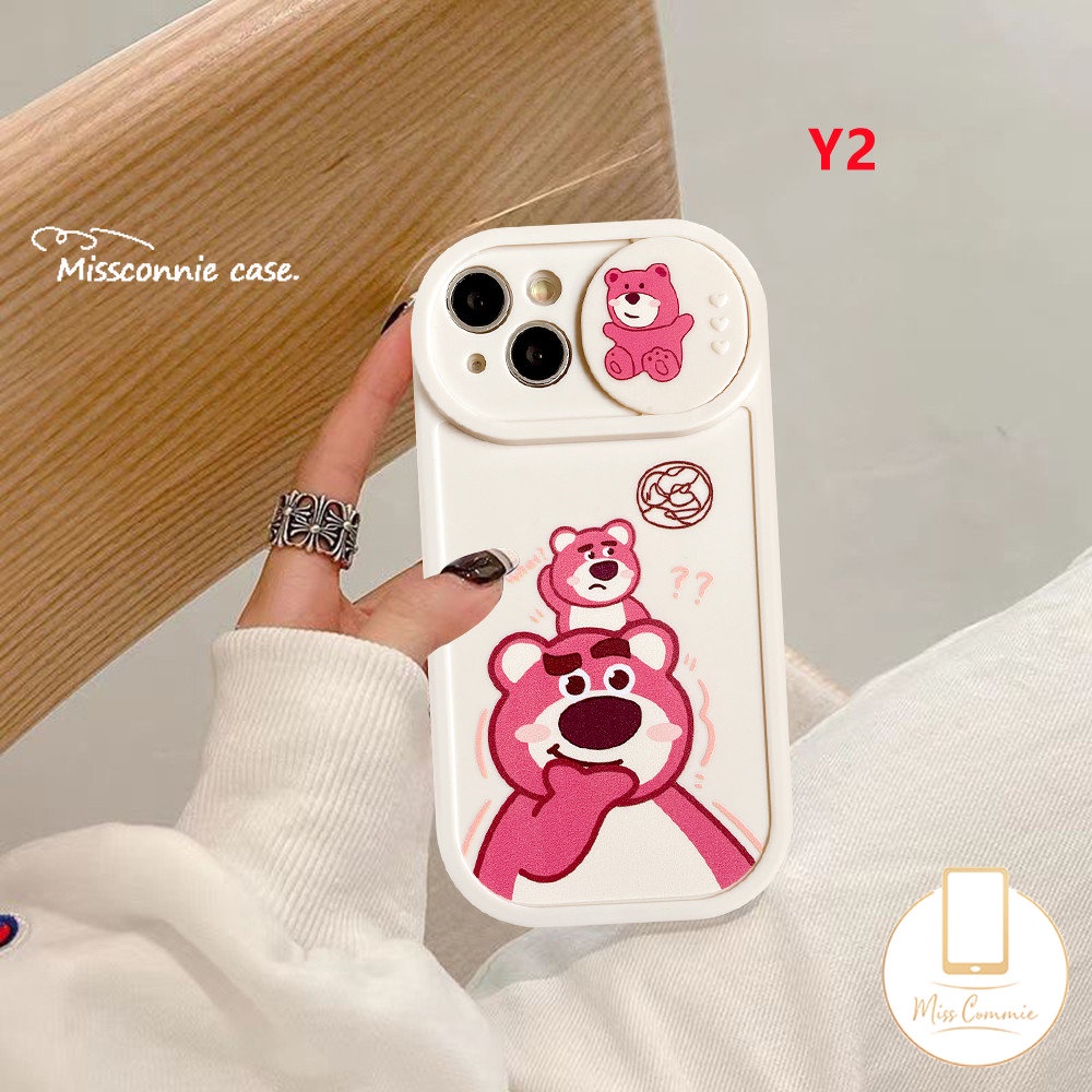 IPHONE Kartun Lucu Strawberry Bear Manyo Case Kompatibel Untuk Iphone11 7Plus XR X13 11 12 Pro Max 8Plus XS Max Push Pull Window Pelindung Lensa Kamera Winnie The Pooh Soft Cover