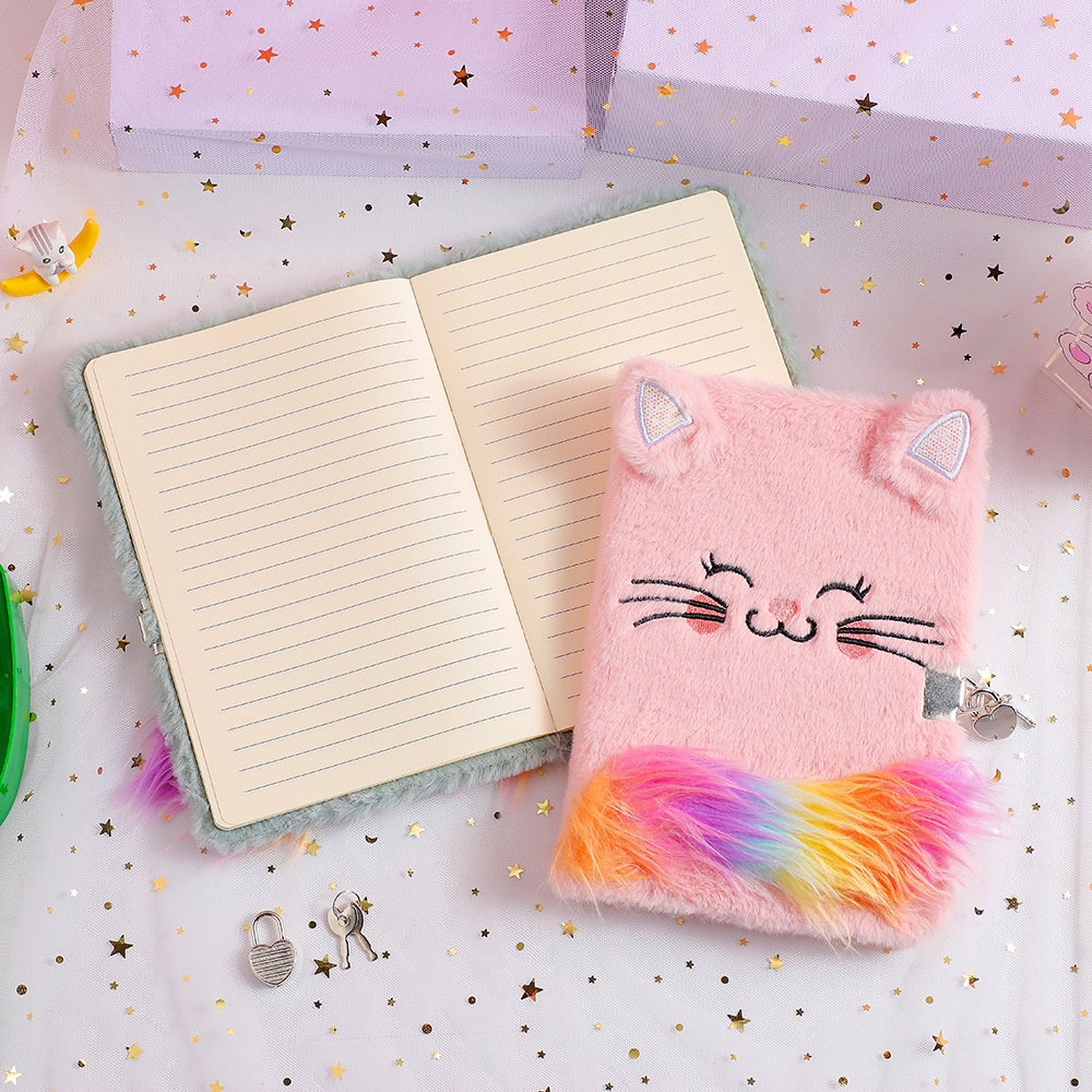 Buku Gembok Motif Rainbow Cat Buku Diary Gembok Cat Notebook Buku Diary anak Unicorn bulu Kado Ultah anak Perempuan import berkualitas