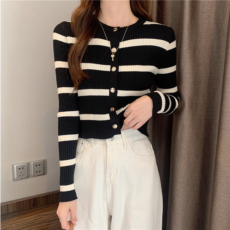 Outerwear Knit Top Stirpe Wanita Lengan Panjang Cardigan Kancing