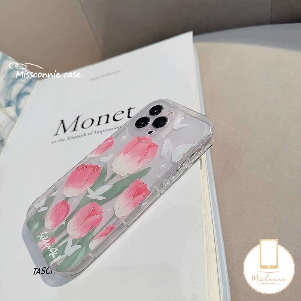 Ins Fashion Spring Fresh Flower Kompatibel Untuk iPhone 7Plus 11 14 12 13 Pro Max XR X 6s 7 8 6 Plus XS Max SE 2020 Fantasy Butterfly Tulips Transparan Airbag Shockproof Soft Cover