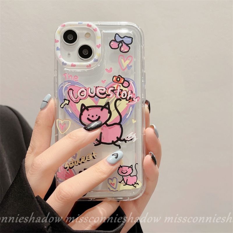 IPHONE Casing Ponsel Kucing Kartun Lucu Kompatibel Untuk Iphone7 8 6s 6 Plus11 13 12 14 Pro Max XR X XS Max SE 2020 Ins Graffiti Cinta Hati Bening Lembut Silicon TPU Airbag Shockproof Cover