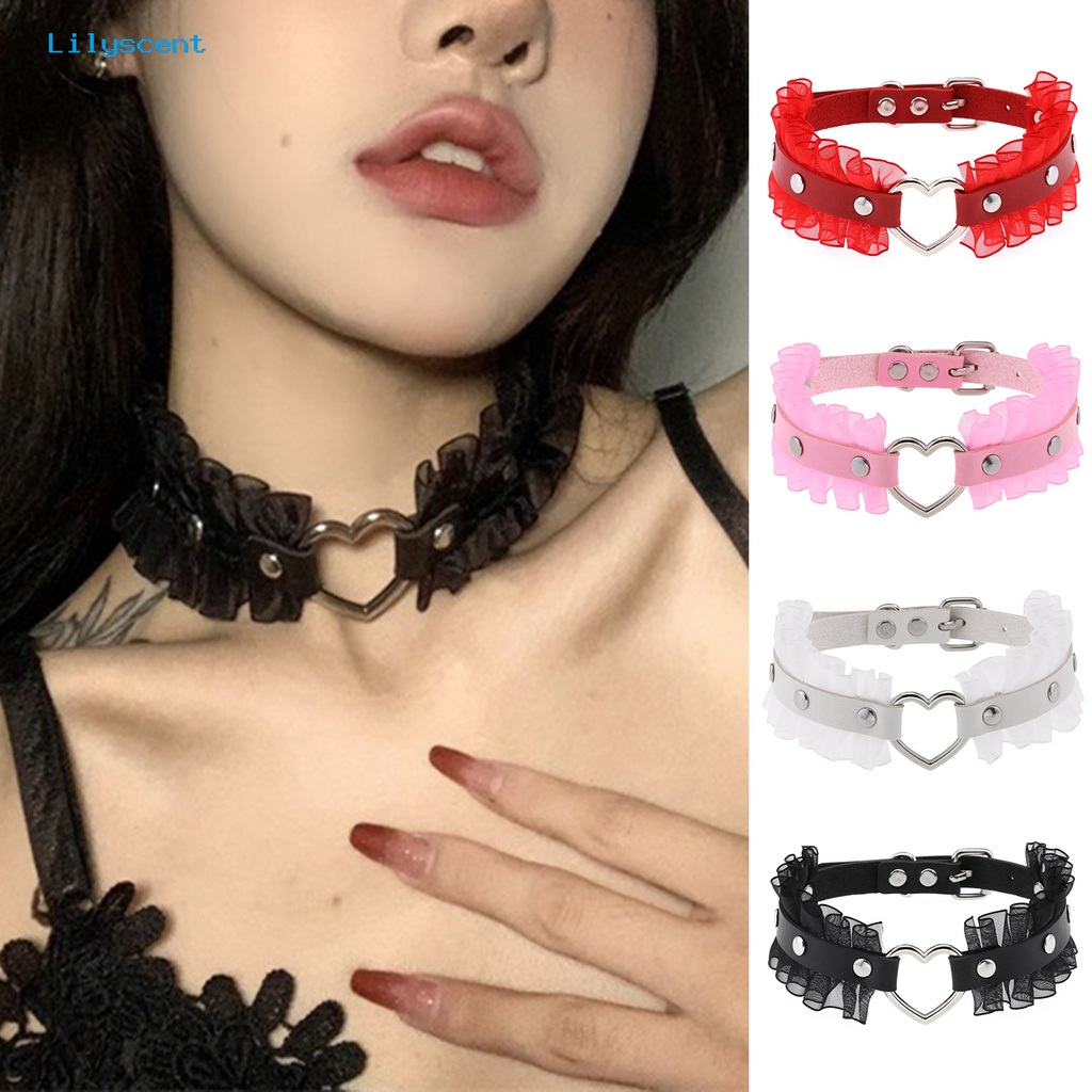 [LS] Wanita Choker Punk Harajuku Ruffle Renda Paku Keling Hadiah Kulit Imitasi Berongga Cinta Hati Gadis Kerah Kalung Pakaian Sehari-Hari