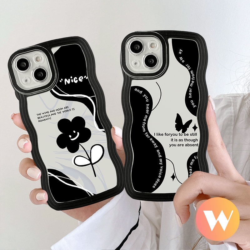 IPHONE Retro Butterfly Soft Tpu Wavy Edge Case Kompatibel Untuk Iphone11 13 12 14 Pro Max XR X7 14 6s 8 6 Plus XS Max SE 2020 Shockproof Vintage Black Flower Back Cover