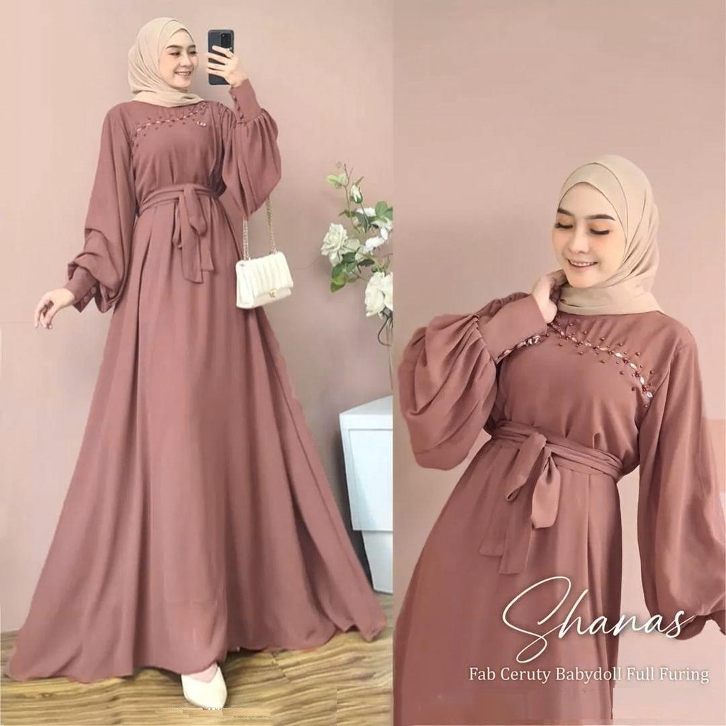 Shanas Maxy Gamis Muslim Maxi Wanita Remaja OOTD Kondangan Premium Ceruty Babydoll Fit To XL Besar