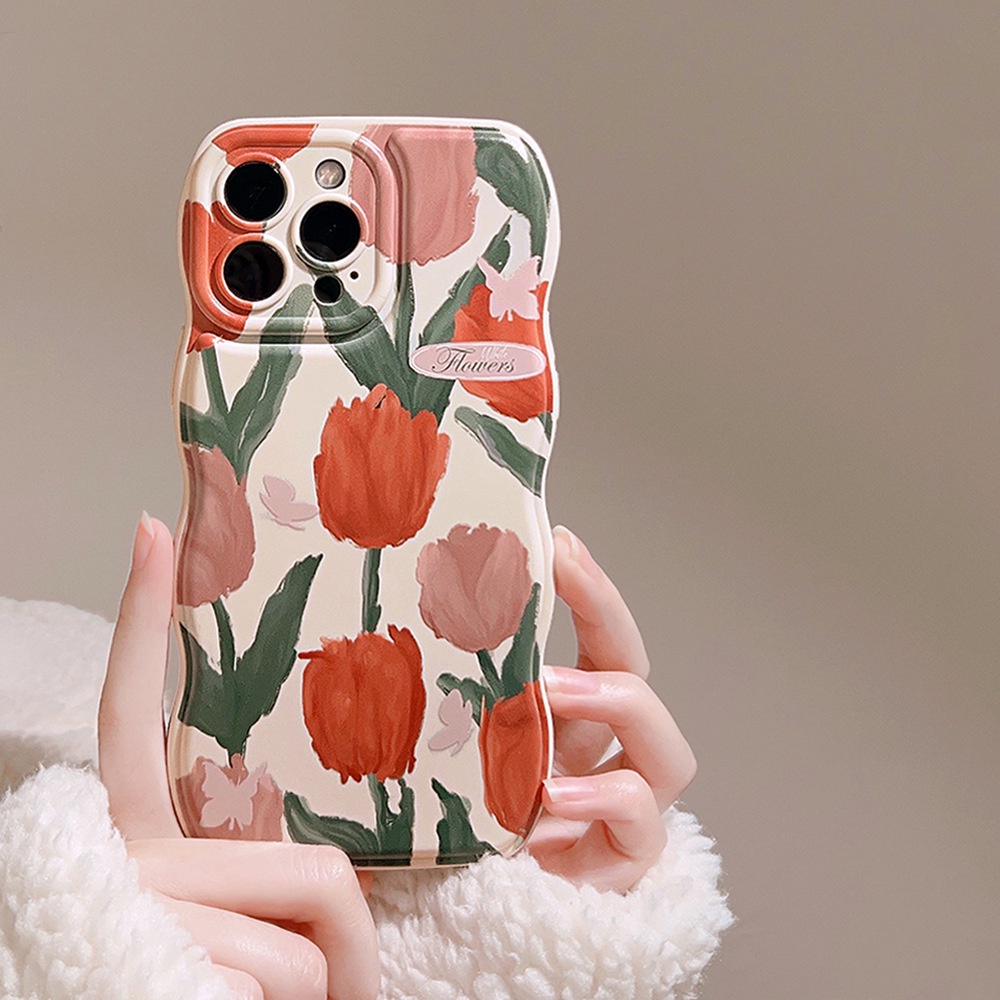 IPHONE Orange Flowers Soft Beige Wave Edge Case Untuk Iphone14 11 12 13 PRO MAX Casing Cover Pelindung AT0017