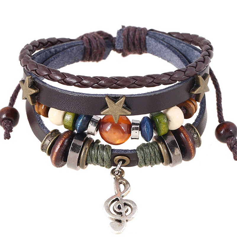 Boho Gypsy Hippie Desain Kulit Coklat Bintang G Clef Logam Charms Tombol Kayu Manik-Manik Bungkus Unisex Adjustable Gelang