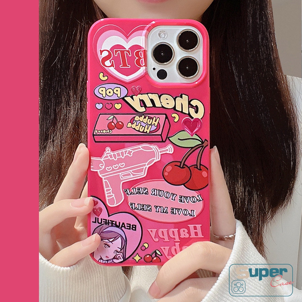 IPHONE Permen Glossy Case Kompatibel Untuk Iphone7 8 Plus XR 11 13 14 12 Pro Max X XS Max SE 2020 Rose Red Label Kartun Cherry Kamera Perlindungan Tahan Guncangan Lembut TPU Silicon Back Cover