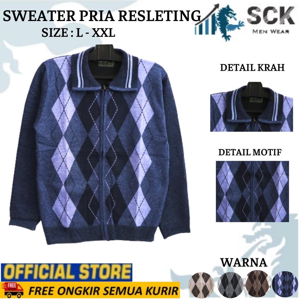 Sweater Pria Rajut Krah Resleting Full Motif Casual - sckmenwear GROSIR