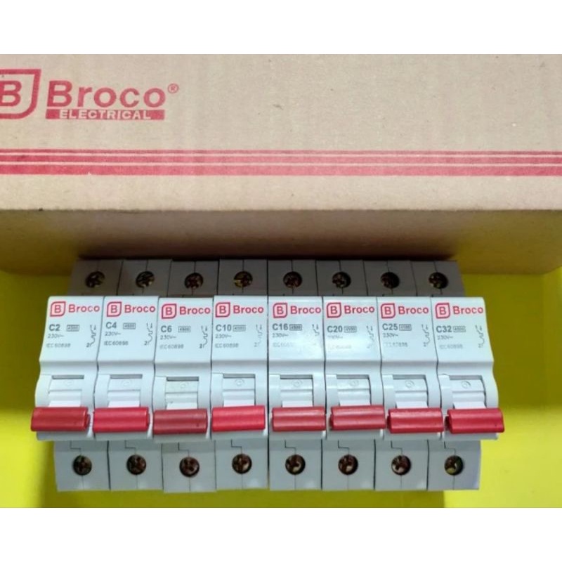 Broco MCB 1 phase 2A, 4A, 6A, 10A, 16A, 25A, 32A, 40A. 1 pole 1 ph Ampere