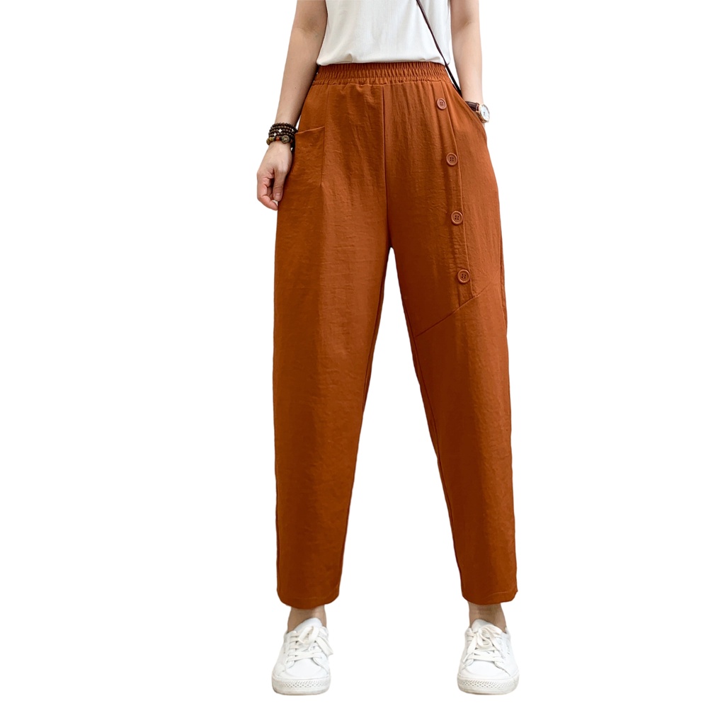 Stok bersih! Impor Unik Katun Celana Dipotong Wanita Celana Kasual Pinggang Tinggi Cropped Trousers Pants