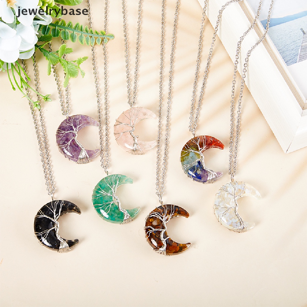 [jewelrybase] Kristal Alami Liontin Pohon Kehidupan Kalung Bentuk Bulan Reiki Kalung Kawat Bungkus Bulan Sabit Batu Alam Resin Perhiasan Hadiah Butik