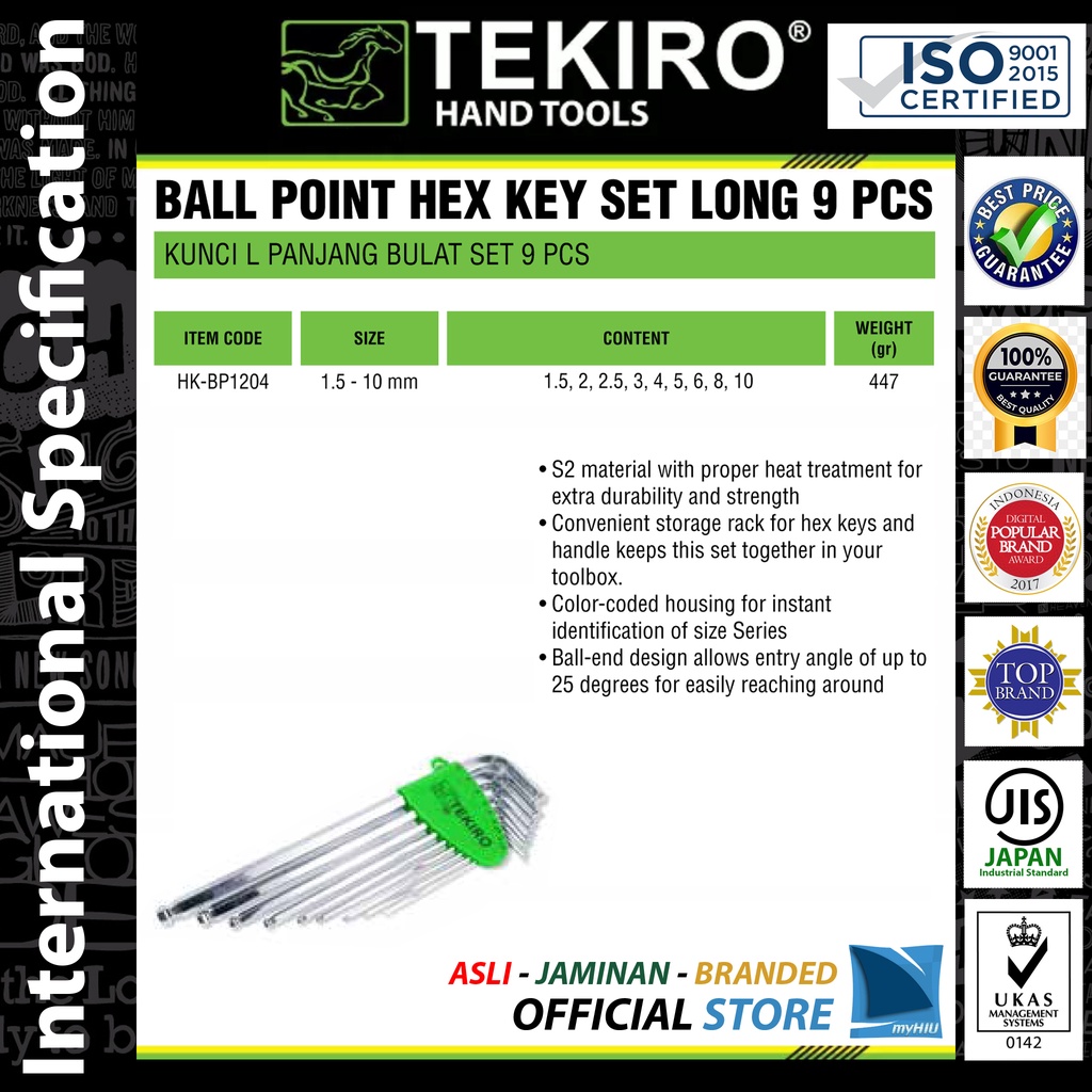 Set Kunci L Panjang Isi 9 pcs Ujung Bulat / Chrome Vanandium Steel Long Ballpoint Hex Key TEKIRO