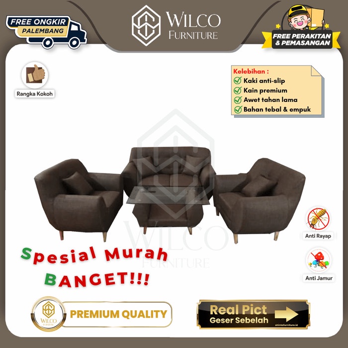 Sofa Set 211 Minimalis Apple / Sofa Kain Bludru Pandora Impor Murah - Meja Tamu Aja