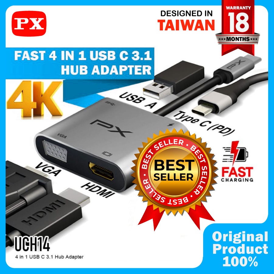 Type C 3.1 to HDMI VGA USB Hub Converter Adaptor 4 in 1 4K PX UCH14