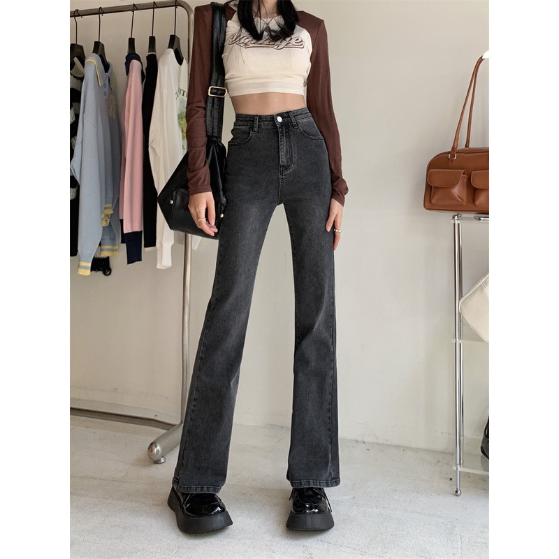 Highwaist Fashion Elastis Celana Cutbray Jeans Wanita Abu abu