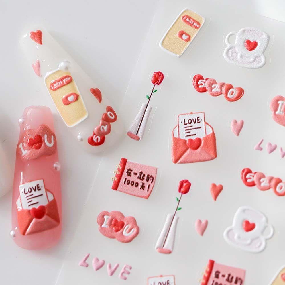 AUGUSTINA Agustina Bunga Stiker Kuku Wanita Ins Style Daun Love Hati Pink Huruf Nail Art Dekorasi