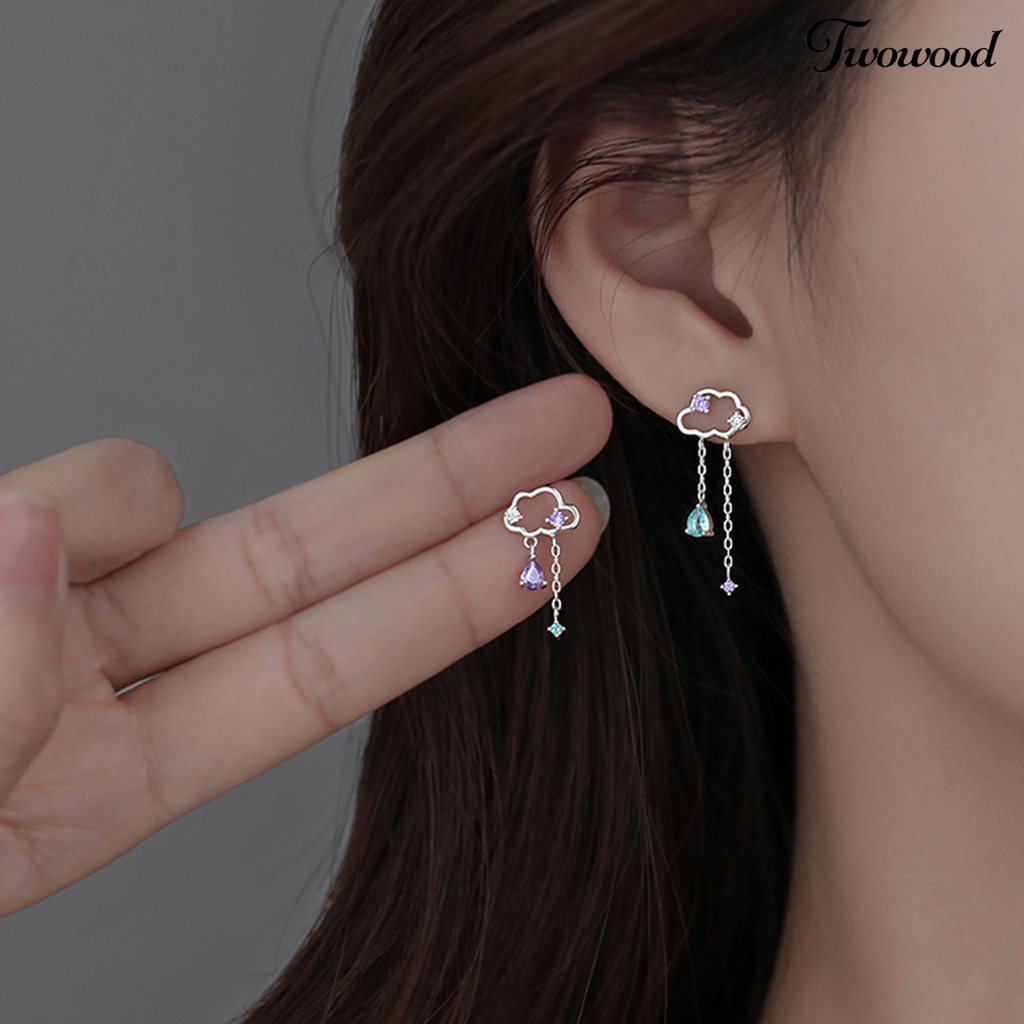 Twowood 1pasang Ear Studs Desain Simple Berkilau Semua Cocok Bebas Alergi Efek Visual Mengkilap Hias Alloy Fashion Lucu Asimetris Awan Stud Earrings Untuk Anak Perempuan