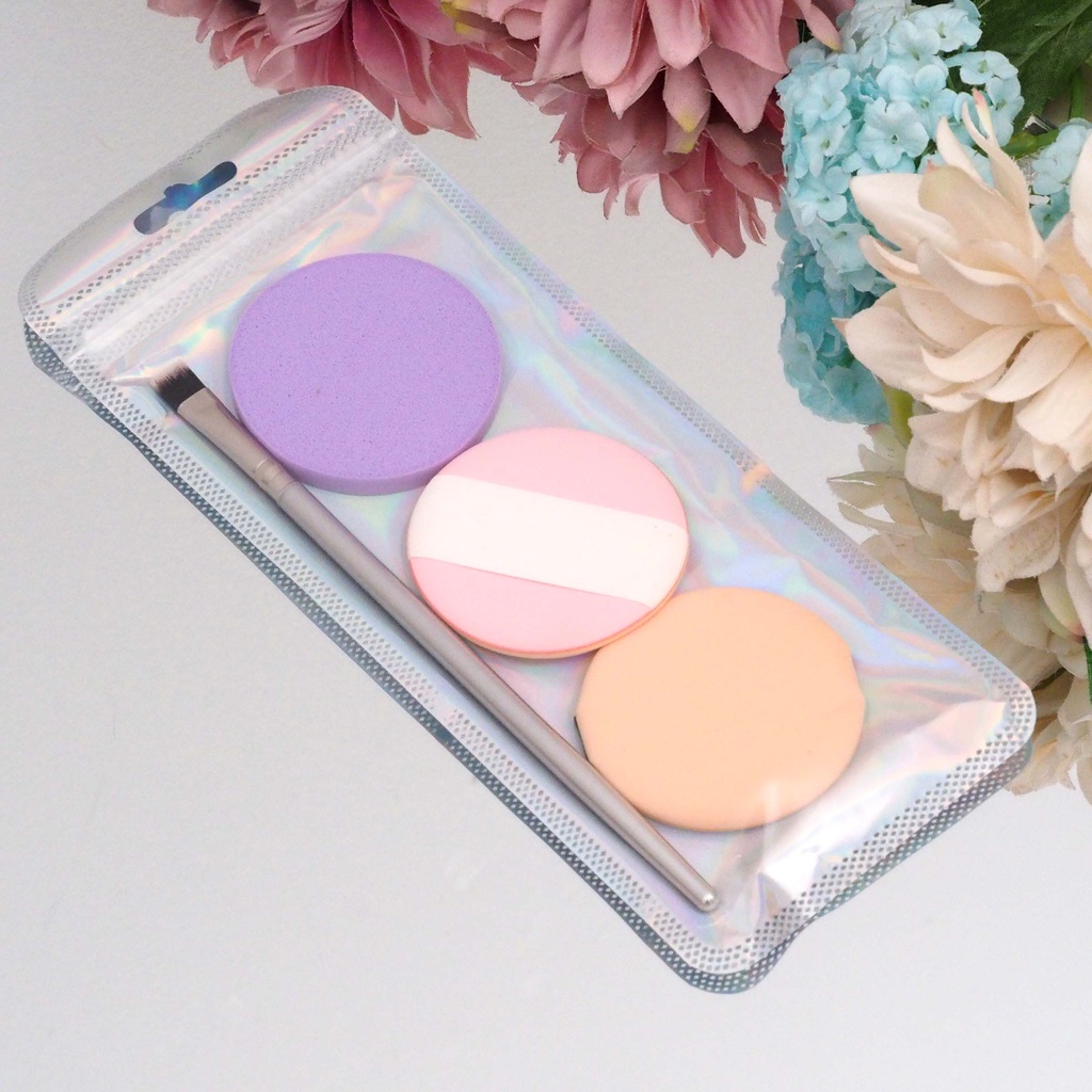 Spons Bedak Kuas Make up SET ISI 4 Pcs Multi Fungsi Set Alat Makeup 4 in 1 Sponge Basah Tabur dan Kuas
