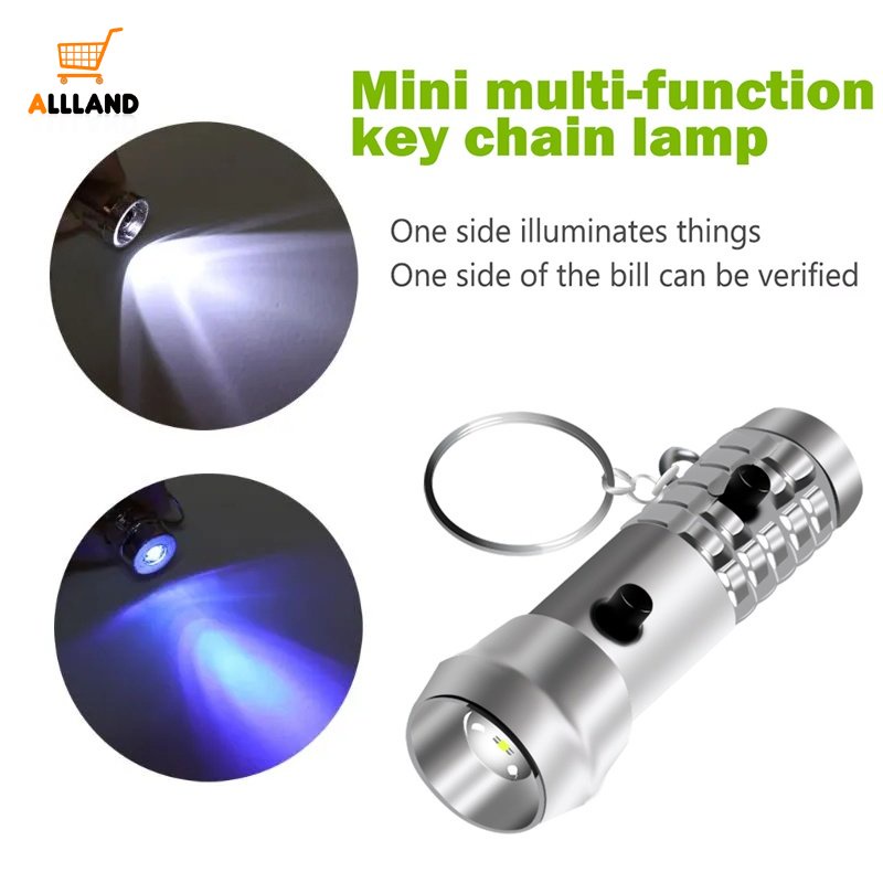 2in1 Multifungsi Both Ends Glowing Mini Keychain Light/Senter UV Tenaga Baterai Portable/Rumah Outdoor Emergency Torch