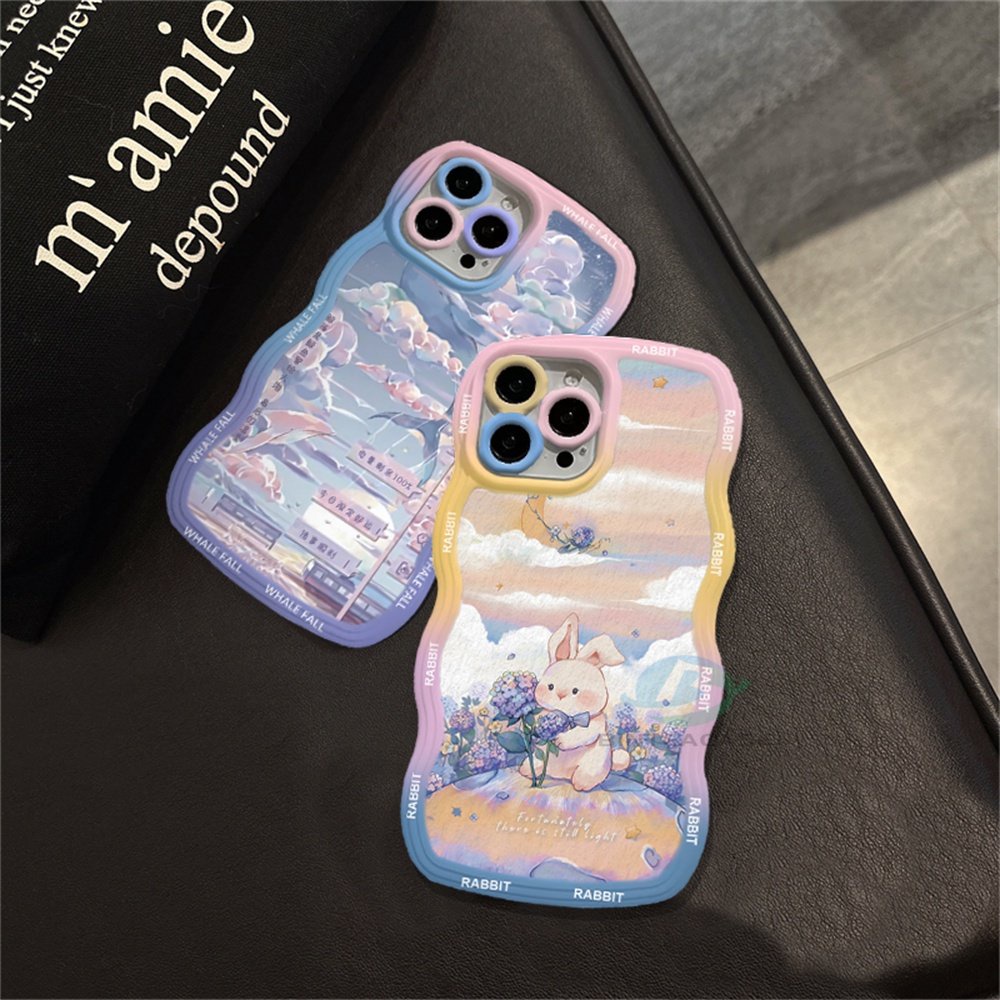 Iphone 14 14 Pro MAX IPhone13 Pro MAX 11PRO 11PRO MAX 12 12Pro MAX XR XS Max6 6S 7 8 Plus Lukisan Cat Minyak Motif Bunga Kelinci Paus Ilustrasi Tepi Melengkung TPU Phone Case Binteacase